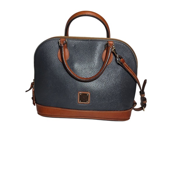 Dooney & Bourke Handbags - Dooney & Bourke Zip Zip Satchel Navy Blue Pebbled Leather Tan Trim Dome Bag